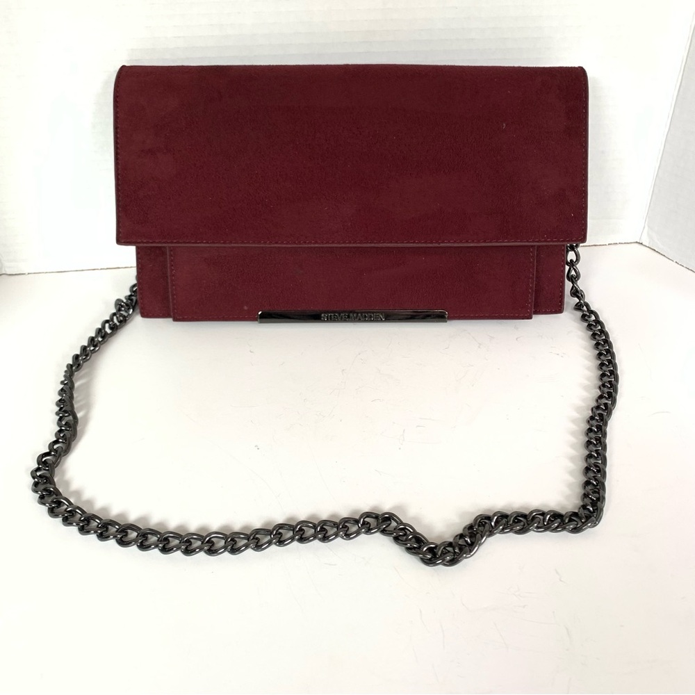 Steve Madden Burgundy Faux Suede Clutch Purse w/ Chain Shoulder Strap Purse EUC